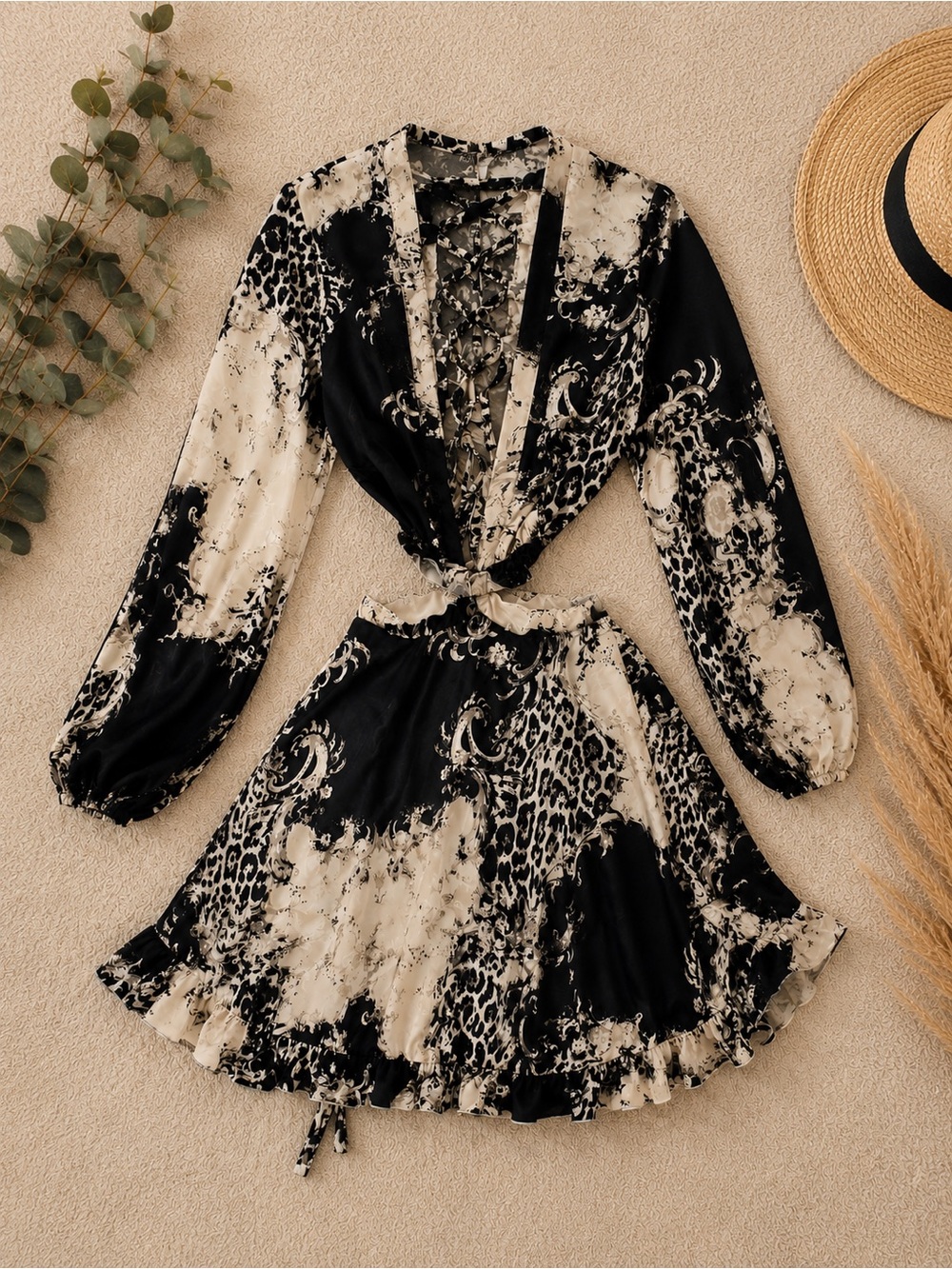 Black & Cream Lace-Up Tie-Front Mini Dress with Ruffle Hem